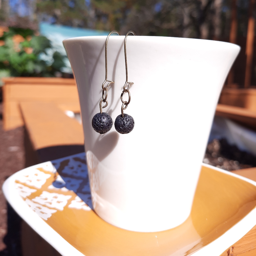 Black Lava Stone Kidney Hook Bronze Tone Earrings 18$